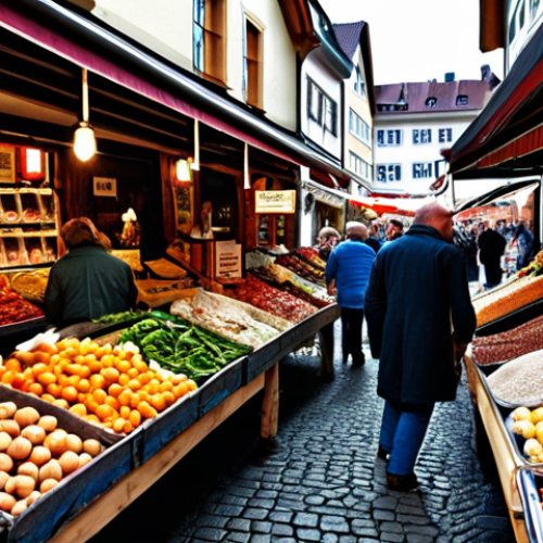 Home 4 **Prompt:** A bustling German marketplace, stalls overflowing with locally sourced goods, vendors speaking in rapid German, Euro currency visible, emphasizing cultural richness and vibrant daily life in Germany.