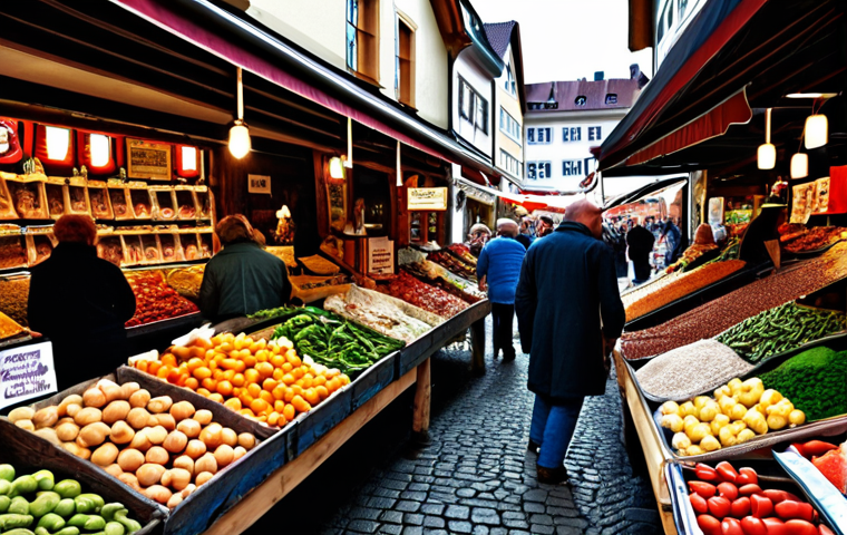 **Prompt:** A bustling German marketplace, stalls overflowing with locally sourced goods, vendors speaking in rapid German, Euro currency visible, emphasizing cultural richness and vibrant daily life in Germany.