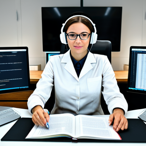 Home 11 The Modern Translator**
"A professional translator working at a bright, modern desk, surrounded by multiple monitors displaying translation software, CAT tools, and terminology databases. She is focused and engaged, wearing professional attire and a headset. Bookshelves filled with dictionaries and language resources are in the background. Fully clothed, safe for work, appropriate content, perfect anatomy, natural proportions, professional, well-formed hands, proper finger count, modest attire, family-friendly. Focus on a realistic, high-quality render."
**