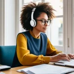 통번역사 일상 업무 - **Morning Preparation and Planning in a Home Office**
    A professionally dressed woman in her late...