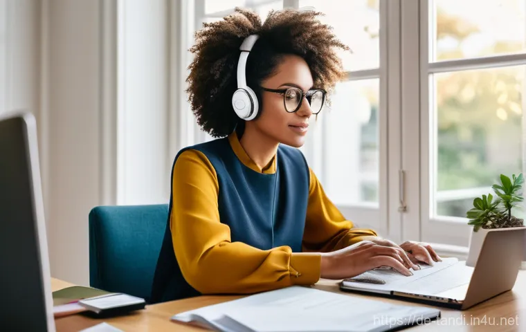 통번역사 일상 업무 - **Morning Preparation and Planning in a Home Office**
    A professionally dressed woman in her late...