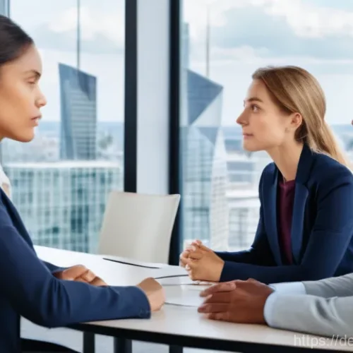 통번역사 업무 사례 - **Prompt:** A diverse group of five professionals, including men and women of various ages and ethni...