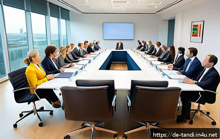 통번역사 다국적 기업 번역 - A professional international business meeting scene showcasing diverse participants from different c...
