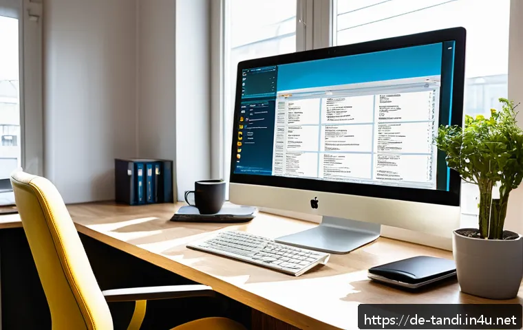 통번역사 중급과정 - A modern professional translator&rsquo;s workspace in a bright home office, featuring dual monitors displa...