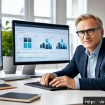 통번역사 최신 번역 기술 - A modern professional translator workspace showing a middle-aged European man wearing smart casual c...