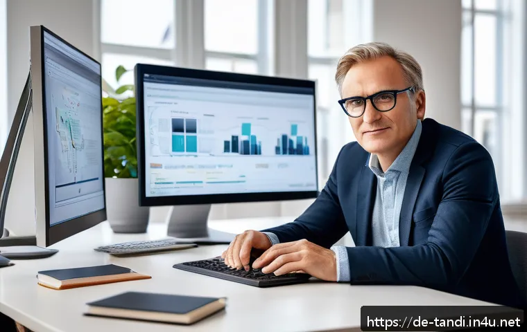 통번역사 최신 번역 기술 - A modern professional translator workspace showing a middle-aged European man wearing smart casual c...