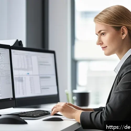 통번역사 해외 진출 전략 - A professional German translator working in a modern home office environment, surrounded by multiple...