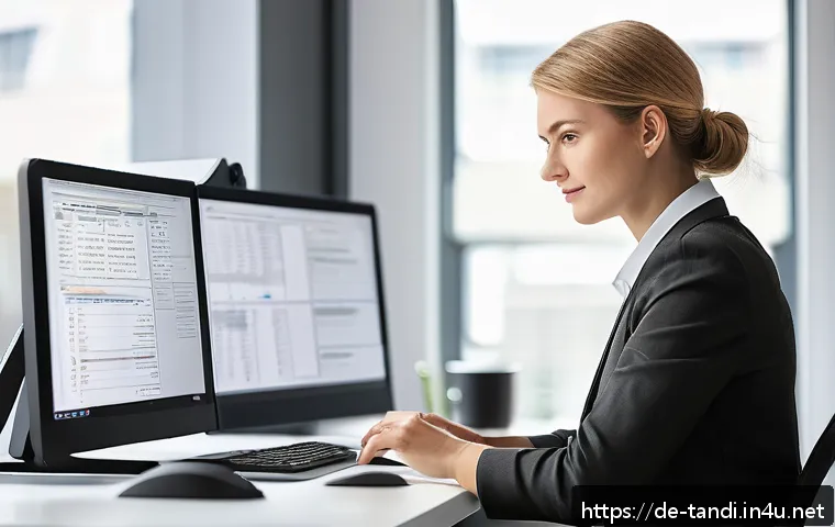통번역사 해외 진출 전략 - A professional German translator working in a modern home office environment, surrounded by multiple...