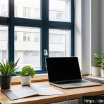 통번역사 취업 포트폴리오 - A modern, professional workspace featuring a female translator at a sleek desk with a laptop, multip...
