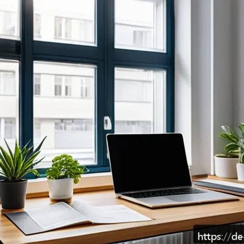 통번역사 취업 포트폴리오 - A modern, professional workspace featuring a female translator at a sleek desk with a laptop, multip...